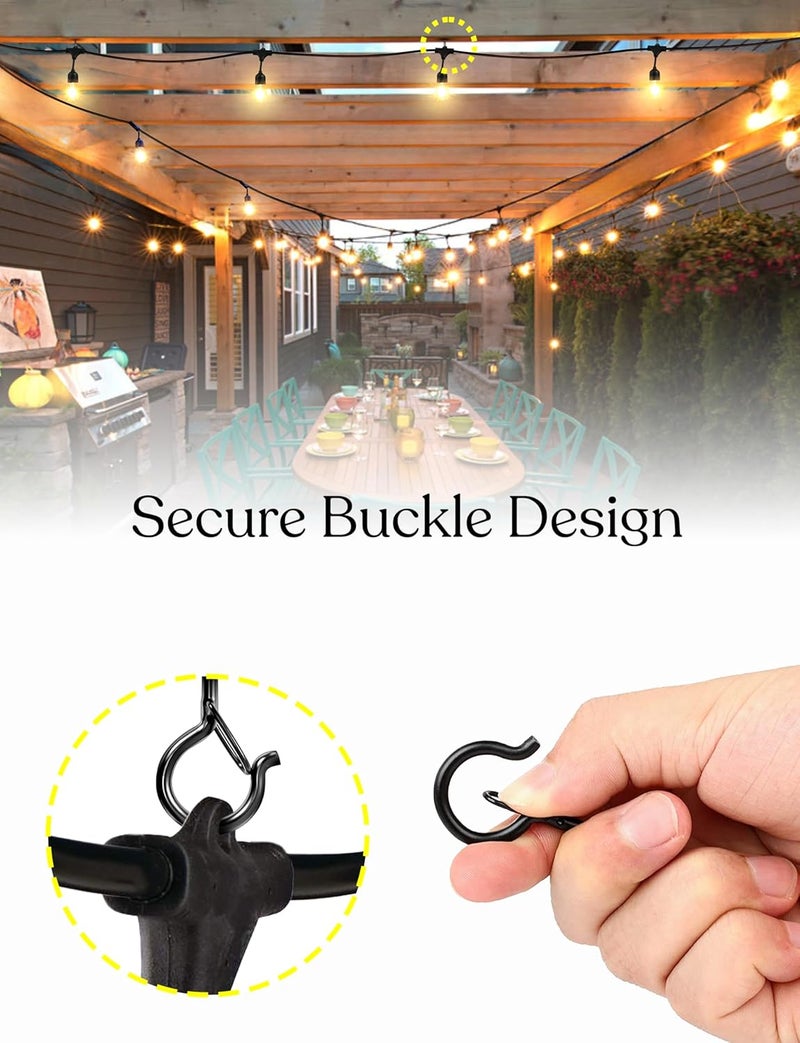 brightech String Light Screw Hooks - Ceiling Hooks for Hanging Solar, Plug-in Lights, Outdoor String Lights - Q Hooks with Safety Buckle Design for Porch, Patio - 15 Pack, Black, AMB-HKS-15 - Image 2